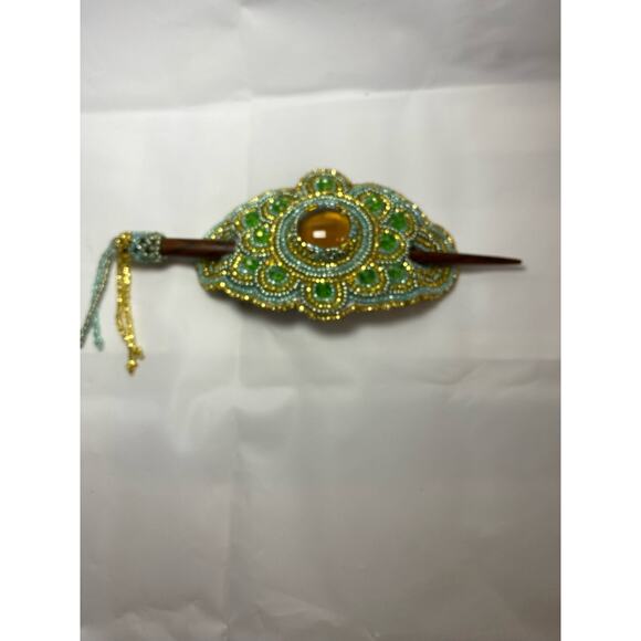 Handmade Beaded Ponytail Hair Accessory Green/Multi Tone Ponytail Beaded BoHo - Picture 2 of 5